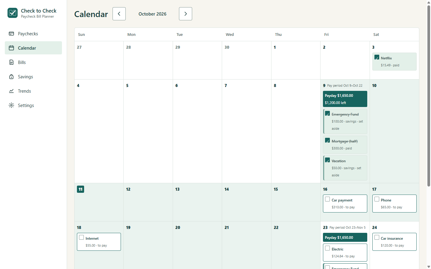 The Calendar screen: a month with paydays, bills on their due dates, and each pay period shaded.