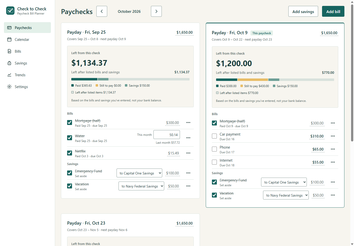 The Paychecks screen: each paycheck shows what's left from that check, the bills it covers with checkboxes, and savings set aside.